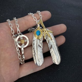 ゴローズ 本物 販売 2連フェザーネックレス シルバー925 金爪ターコイズフェザー チェーンセット gof02655
