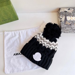 モンクレール ポンポンニット帽 本物 ブラック moz09920