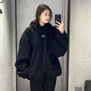バレンシアガ ロゴ パーカー 本物 hooded fleece jacket with hood Black 810113TQQ02