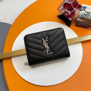 稀少 サンローラン モノグラム R-zip コンパクト財布 本物 Sax88760