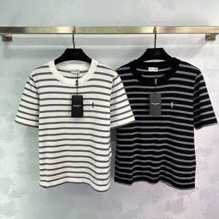 超話題! 2024SS サンローラン ボーダーＴシャツ 本物 半袖 クルーネック Sao54951