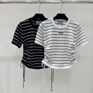 絶対欲しい！プラダ リブ ニット 半袖 Tシャツ 本物ブラック&ホワイト pux66985
