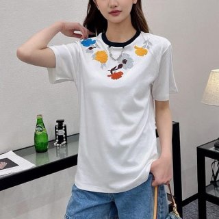 可愛いルイヴィトン 本物 刺繍入りコットンTシャツ vur60228