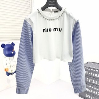 送料込ミュウミュウ 本物★クリスタル クロップドコットンTシャツ MJL8161V6FF0009