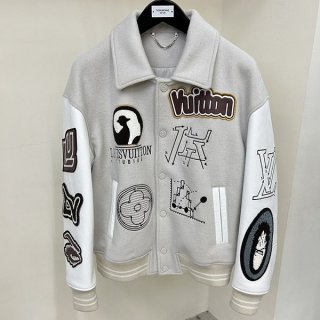 2023新 ルイヴィトン 本物ウールパッチワーク牛革袖刺繍メンズ野球ジャージ vuo04225