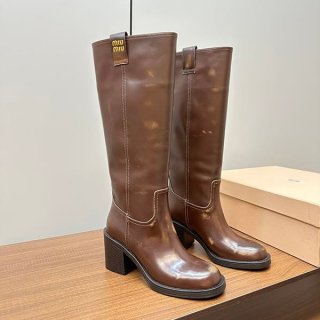 稀少ミュウミュウ 本物 Fume ロゴ レザー ロングブーツ myt68041