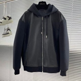 すぐ届くプラダ 本物 フリース レザーフーディージャケット pug55713