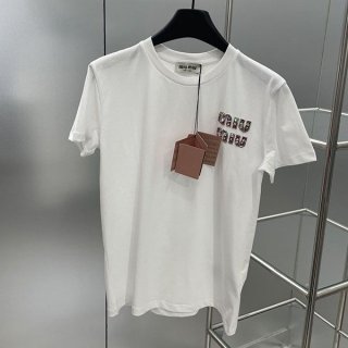 即発送 ミュウミュウ 刺繍入りコットンTシャツ 本物 myf59063