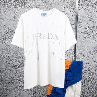 高級ブランドプラダ ロゴエンブロイダリー コットン Tシャツ 本物 pug67023