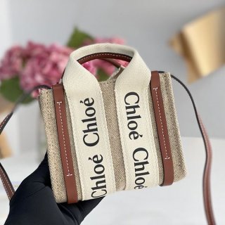 一目惚れクロエ WOODY 本物 ミニトートバッグ リネンキャンバス chr66321