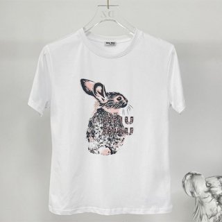 送料込ミュウミュウ 本物 エンブロイダリーコットンTシャツ myv33585