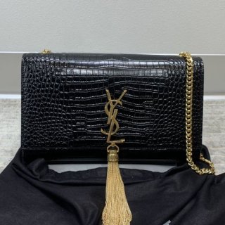 送料込サンローラン ケイト 本物 クロコダイルエンボス シャイニーレザーバッグ Sax72523