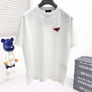 セール新作プラダ 本物 コントラストトライアングル ロゴ コットンTシャツ ホワイト pux55313