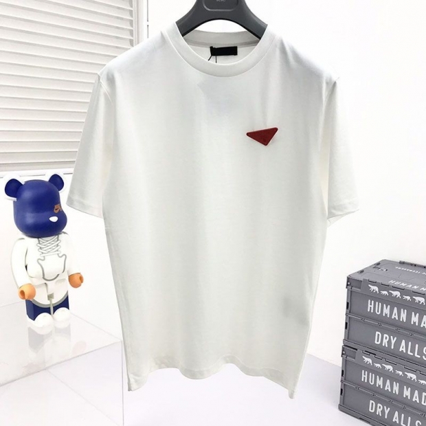 セール新作プラダ 本物 コントラストトライアングル ロゴ コットンTシャツ ホワイト pux55313