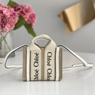 目を惹くカラークロエ WOODY 本物 ミニトートバッグ リネンキャンバス chw75415