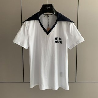 送料無料 ミュウミュウ 刺繍ロゴ付き コットン Tシャツ 本物 myb57966