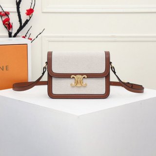 秋冬新作 セリーヌ ショルダーバッグ 本物 テキスタイル ミディアム トリオンフ タン×ホワイト 91242BGI04LV