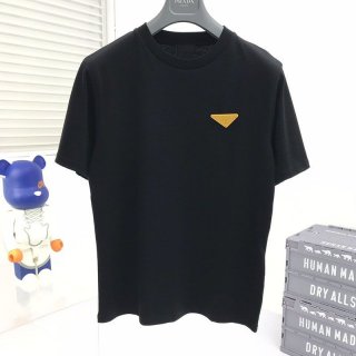 大人気!!新色プラダ 本物 コントラストトライアングル ロゴ コットンTシャツ ブラック pue73875