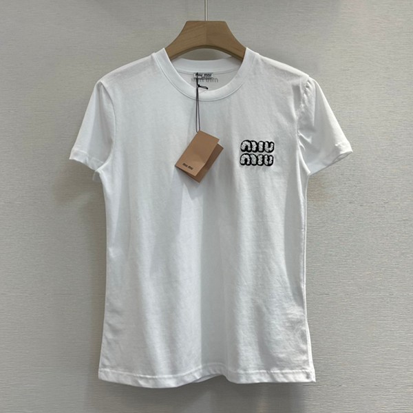 世界中で大人気ミュウミュウ ロゴ クリスタル キラキラ Tシャツ 半袖 本物 myi35470
