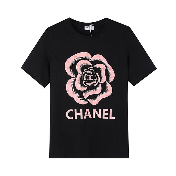 一目惚れシャネル カメリアロゴ半袖Tシャツ 本物 ブラック shh99359