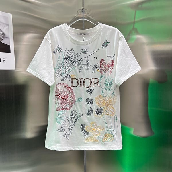 速達発送ディオール 蝶×花柄 Tシャツ 本物 トワル ドゥ ジュイ メキシコ コットン des92063
