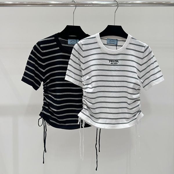 絶対欲しい！プラダ リブ ニット 半袖 Tシャツ 本物ブラック&ホワイト pux66985
