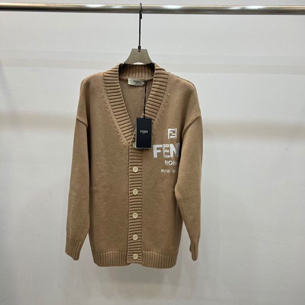 高品質フェンディ ベージュのカーディガン 本物 Vネック fey65916