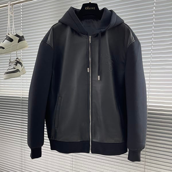 すぐ届くプラダ 本物 フリース レザーフーディージャケット pug55713