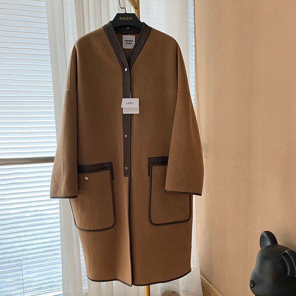 【日本未発売】エルメス 雑誌掲載 コート カシミヤ ノーカラー 本物 ブラウン erx03258
