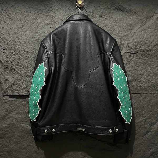 入手困難クロムハーツ 本物 フローラルクロス レザージャケット Blk×Grn Kue10837