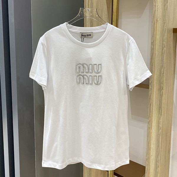 セレブ多数愛用ミュウミュウ 本物 エンブロイダリーコットンTシャツ myp92940