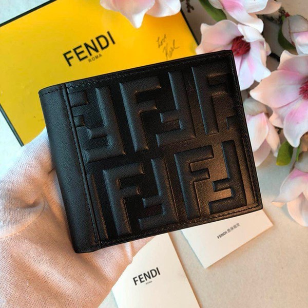 ★日本!!人気！フェンディ 本物 ブラックレザー二つ折り財布 feo02506